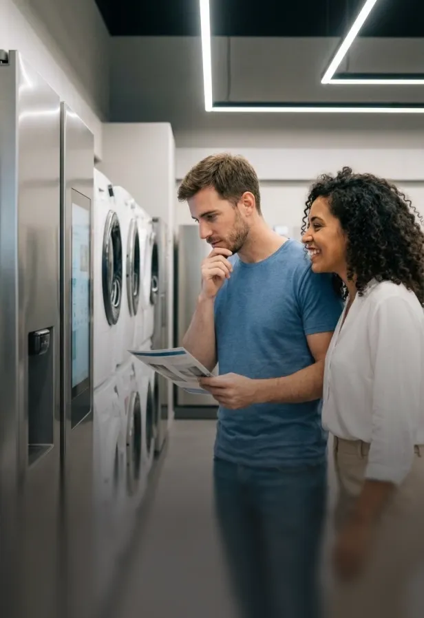 Mujer sonriente colgando un cartel de abierto en la entrada de una tienda.