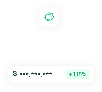 Ícono verde de una alcancía en forma de cerdito y un recuadro con símbolo de dólar y porcentaje de aumento 1,15%.