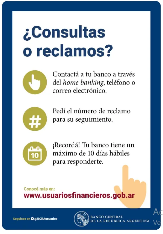 Infografía del Banco Central de la República Argentina sobre consultas o reclamos, con instrucciones para contactar al banco por home banking, teléfono o correo, pedir número de reclamo y aviso de máximo 10 días hábiles para respuesta.
