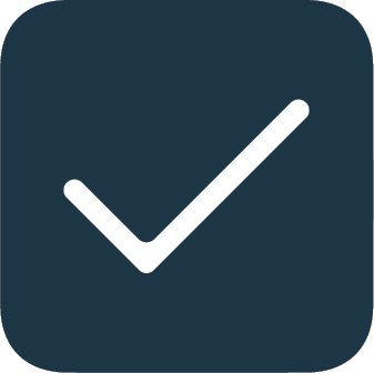 White checkmark inside a dark blue rounded square.