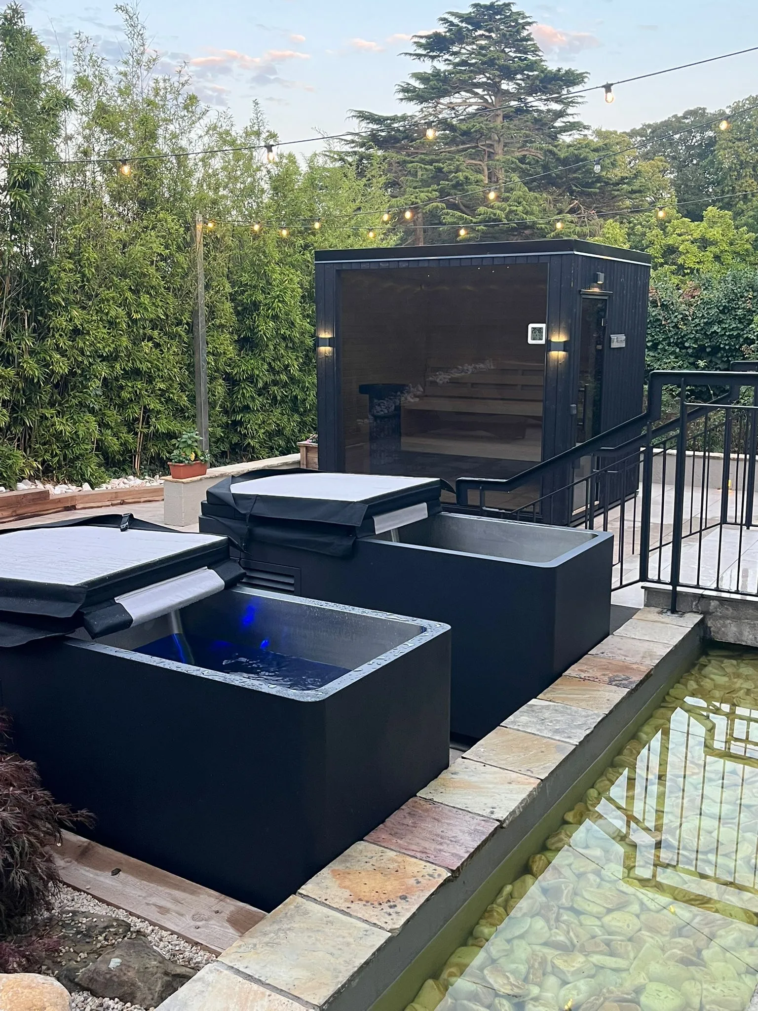 The K Club Wellness Garden, Featuring 2 of our tarn self cooling ice baths, and our Nordic Sauna.