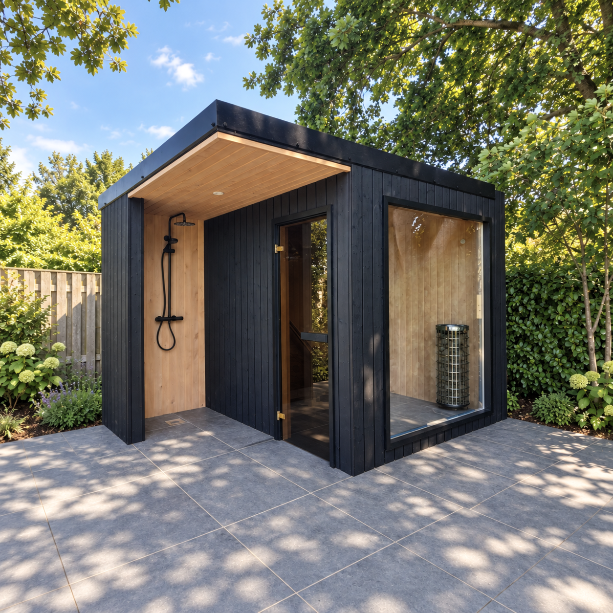 Modern small black wooden outdoor sauna in a garden with a glass door and large window, showing a wooden interior and a heater; an outdoor shower with black fixtures is attached under a wooden overhang.