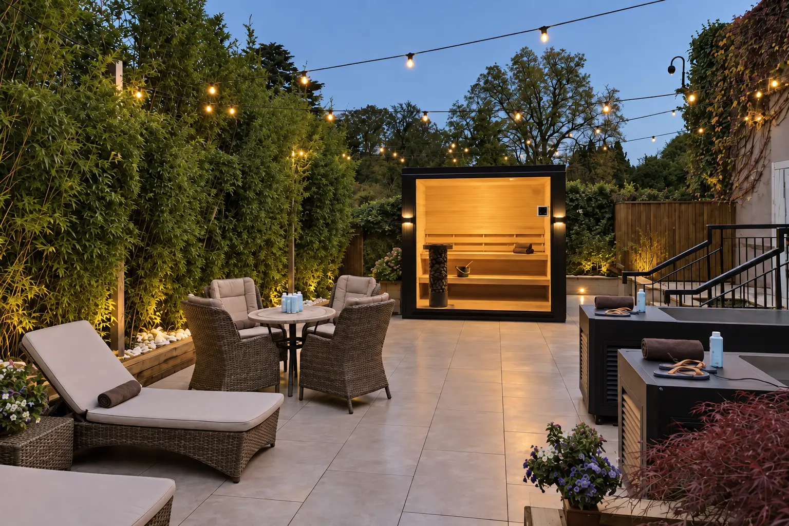 Evening view of a modern outdoor patio with wicker lounge chairs and seating around a small round table, string lights overhead, and a lit wooden sauna cabin at the back surrounded by greenery and potted flowers.