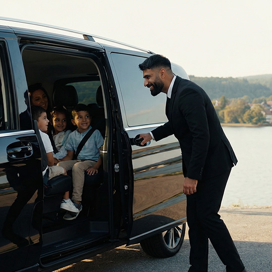 Ein Mann in einem Anzug öffnet die Schiebetür eines schwarzen Vans, in dem mehrere Kinder sitzen und lächeln. KHAN Fahrdienst Konstanz und Überlingen. KHAN Fahrdienst Konstanz und Überlingen