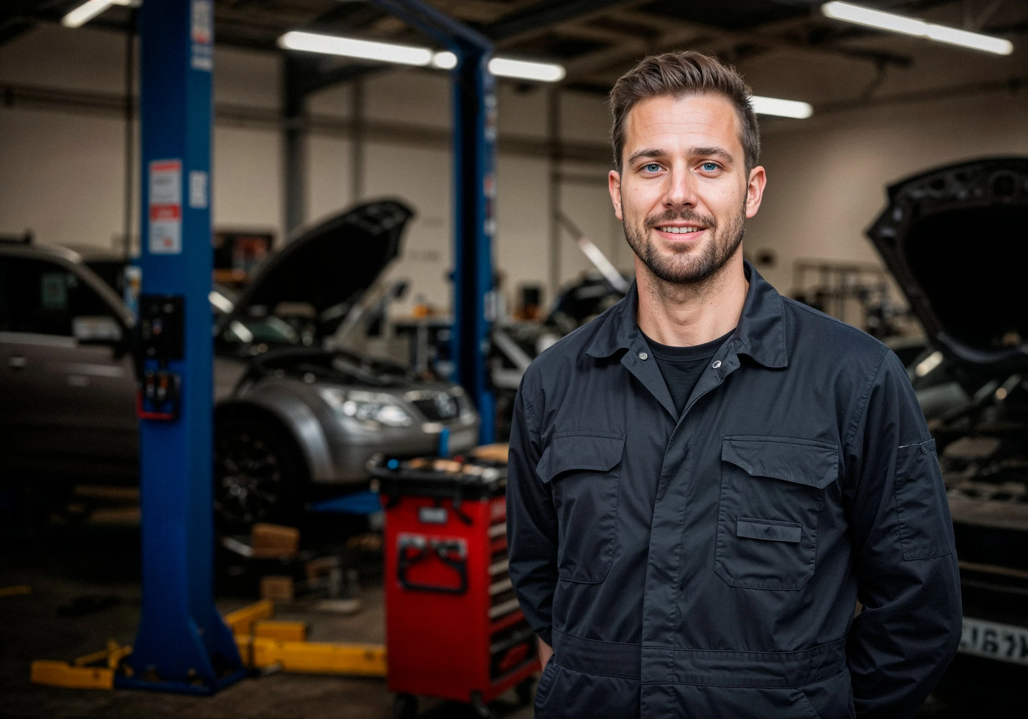 Smiling mechanic in a dark coverall stands in an auto repair shop. Background shows cars with open hoods, tools, and a bright, professional atmosphere.