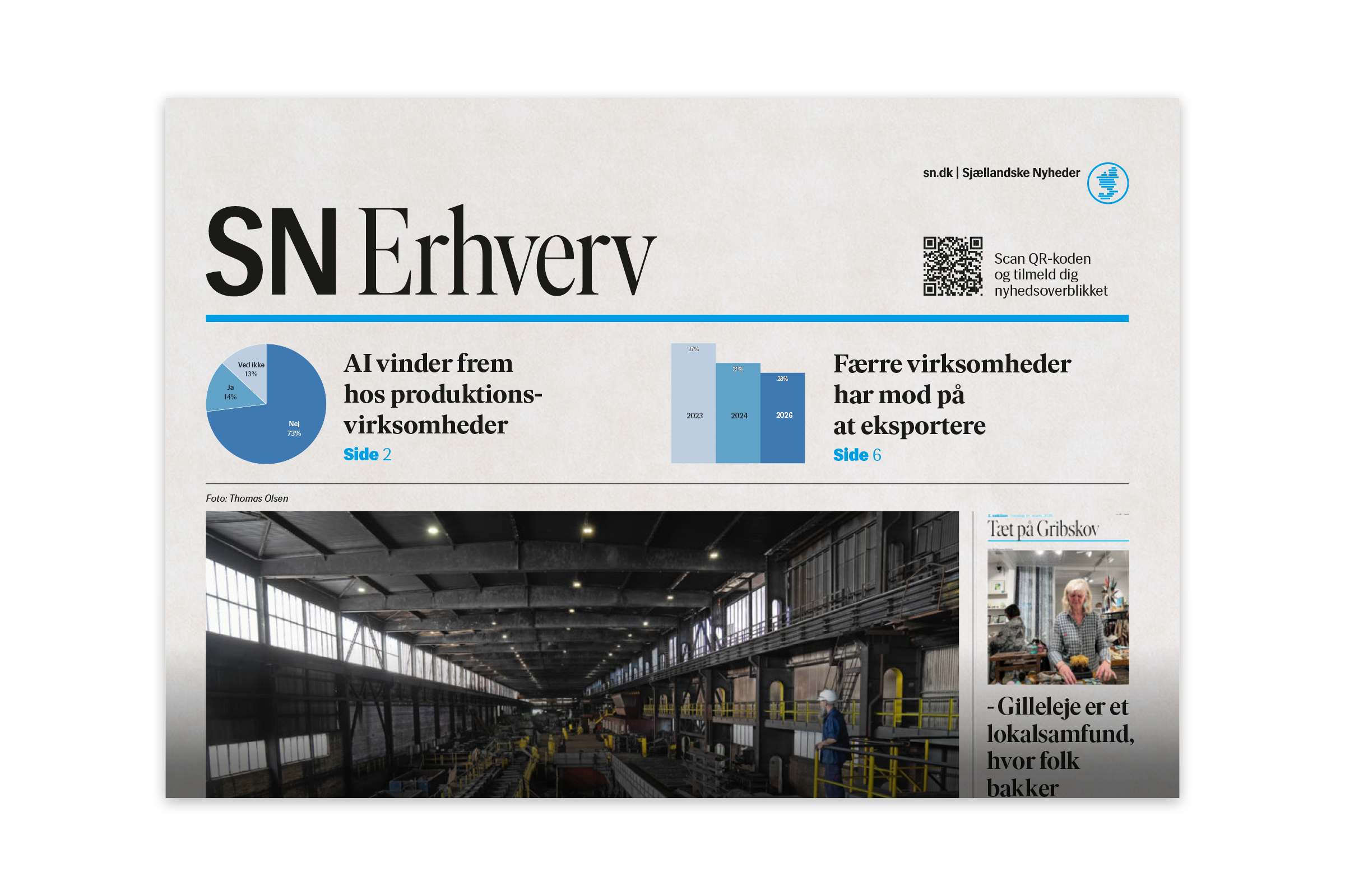 Forside af SN Erhverv med overskrifter om AI i produktionsvirksomheder og færre virksomheder, der tør eksportere, samt en artikel om Gilleleje som lokalsamfund. Der er et cirkeldiagram med procentfordeling og et søjlediagram med tal for 2023, 2024 og 2026. Nederst ses et industrilokale med maskiner og to personer iført arbejdstøj og hjelm.