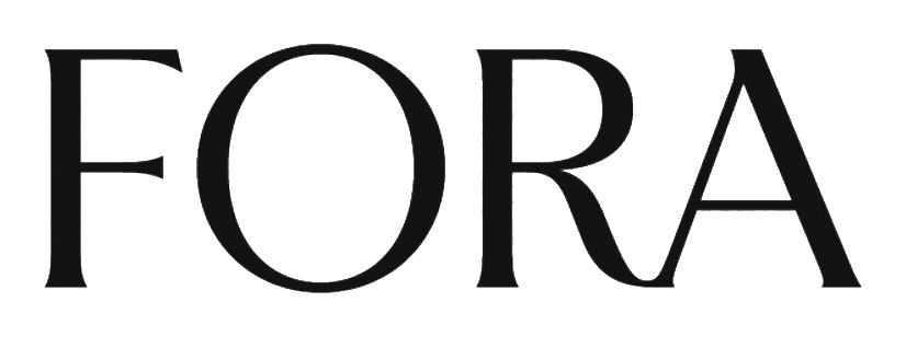 The word 'FORA' in large black serif font over a light gray background with travel-themed icons.