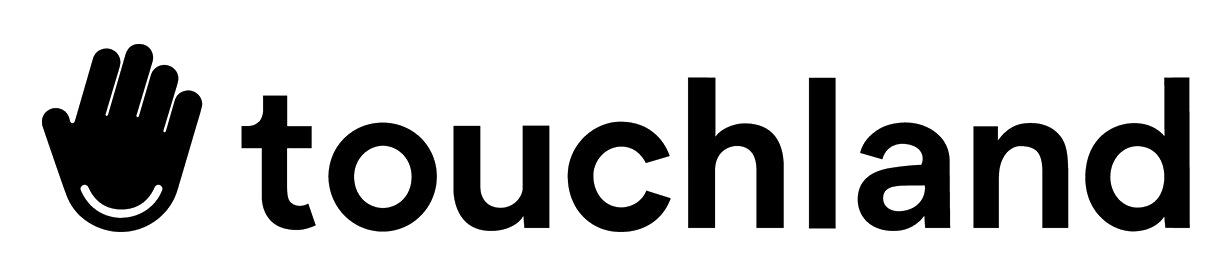 Touchland logo with a stylized black hand and smile underlined on the left and the text 'touchland' in black lowercase letters.
