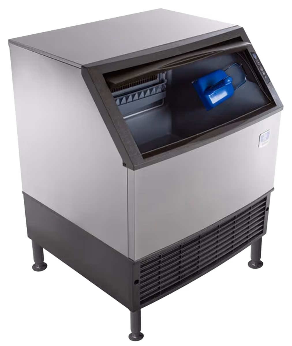 undercounter ice machine, open with ice scoop inside