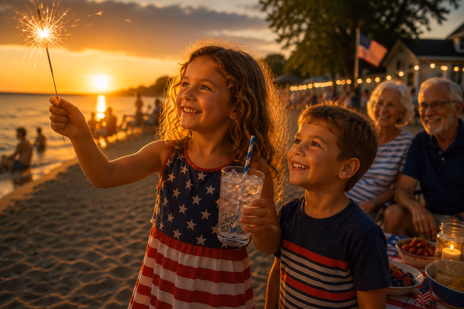 Two children dressed in red, white, and blue celebrating 4th of July on the beach.