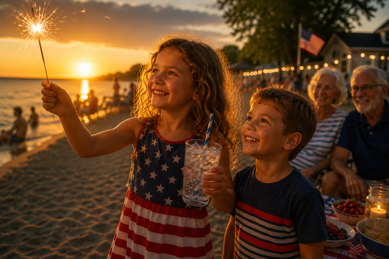 Two children dressed in red, white, and blue celebrating 4th of July on the beach. 