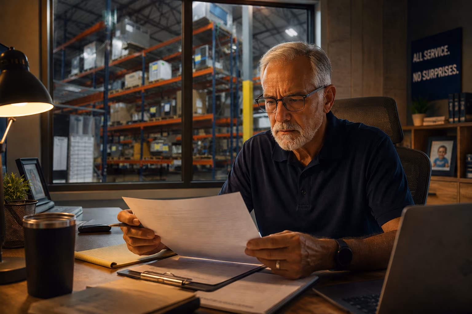 A man in the office of a warehouse sits at his desk reading. 
