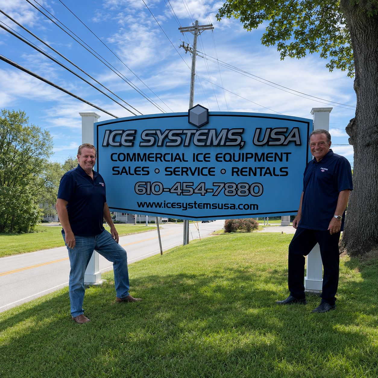 Two employees smile, standing on either side of a sign that reads, "Ice Systems USA. Commercial Ice Equipment Sales, Service, Rentals. 610-454-7880. www.icesystemsusa.com"
