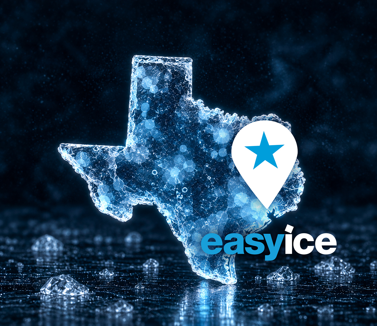 Blue graphic of cutout of the state of Texas with Easy Ice logo overlay and a pin on Houston