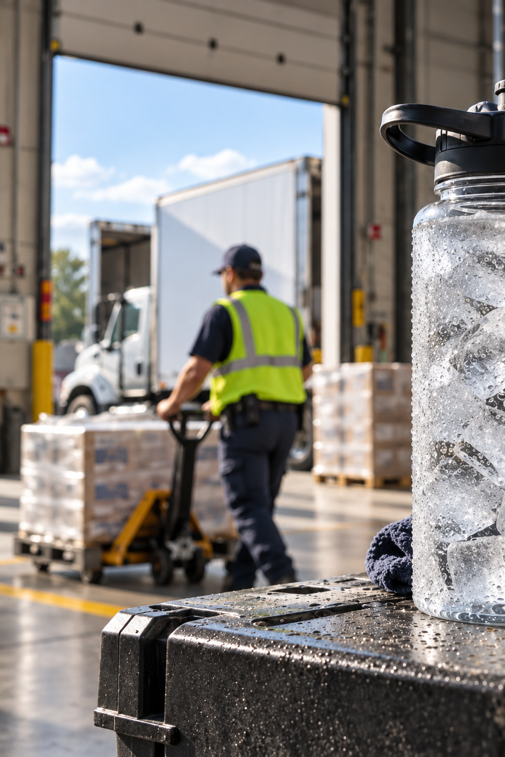 Warehouse worker moving pallets at a loading dock with an ice-filled water bottle in the foreground, Easy Ice ice machines for logistics.