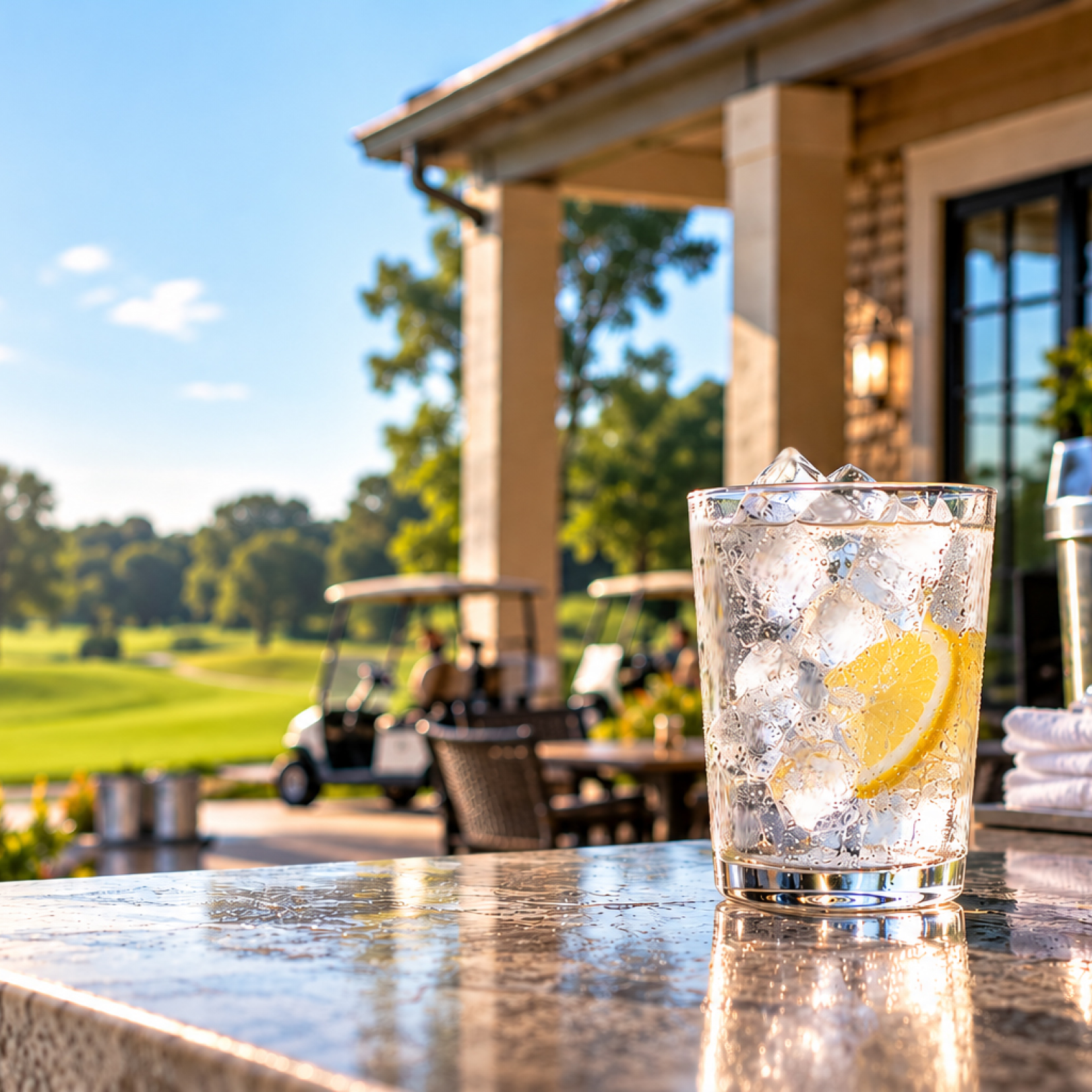 Iced drink on a clubhouse patio overlooking a golf course, Easy Ice ice machine subscription for golf and country clubs.