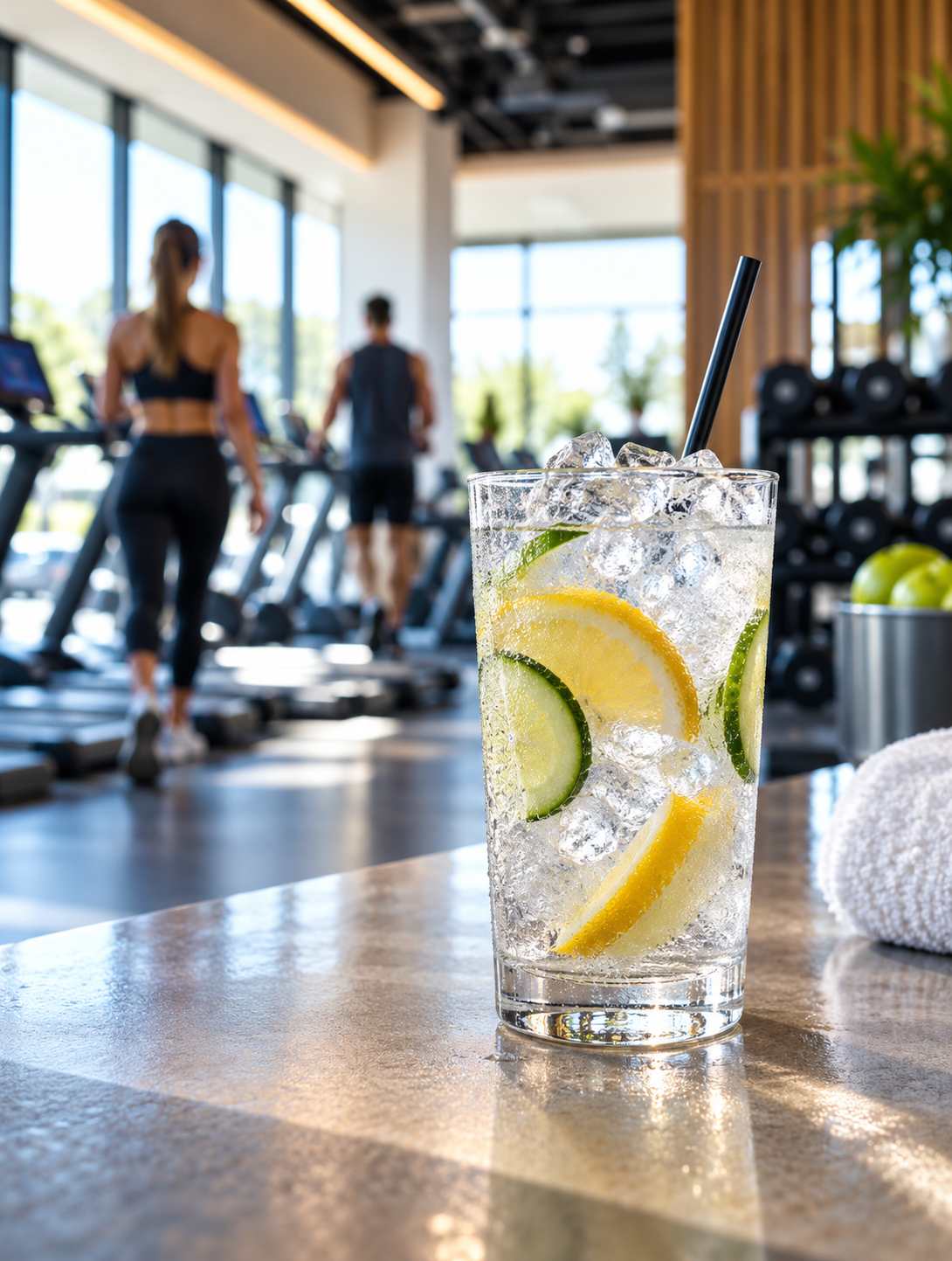 Ice-filled water bottle beside workout equipment in a busy fitness club, Easy Ice ice machine subscription for health and fitness clubs.