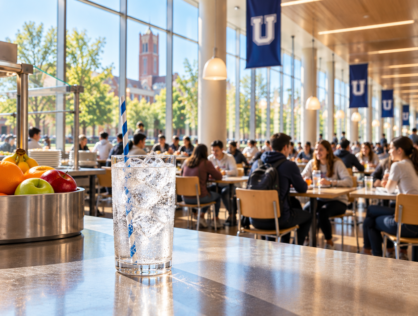 University dining hall full of students with an ice-filled glass on the counter, Easy Ice ice machine subscription for schools and campuses.