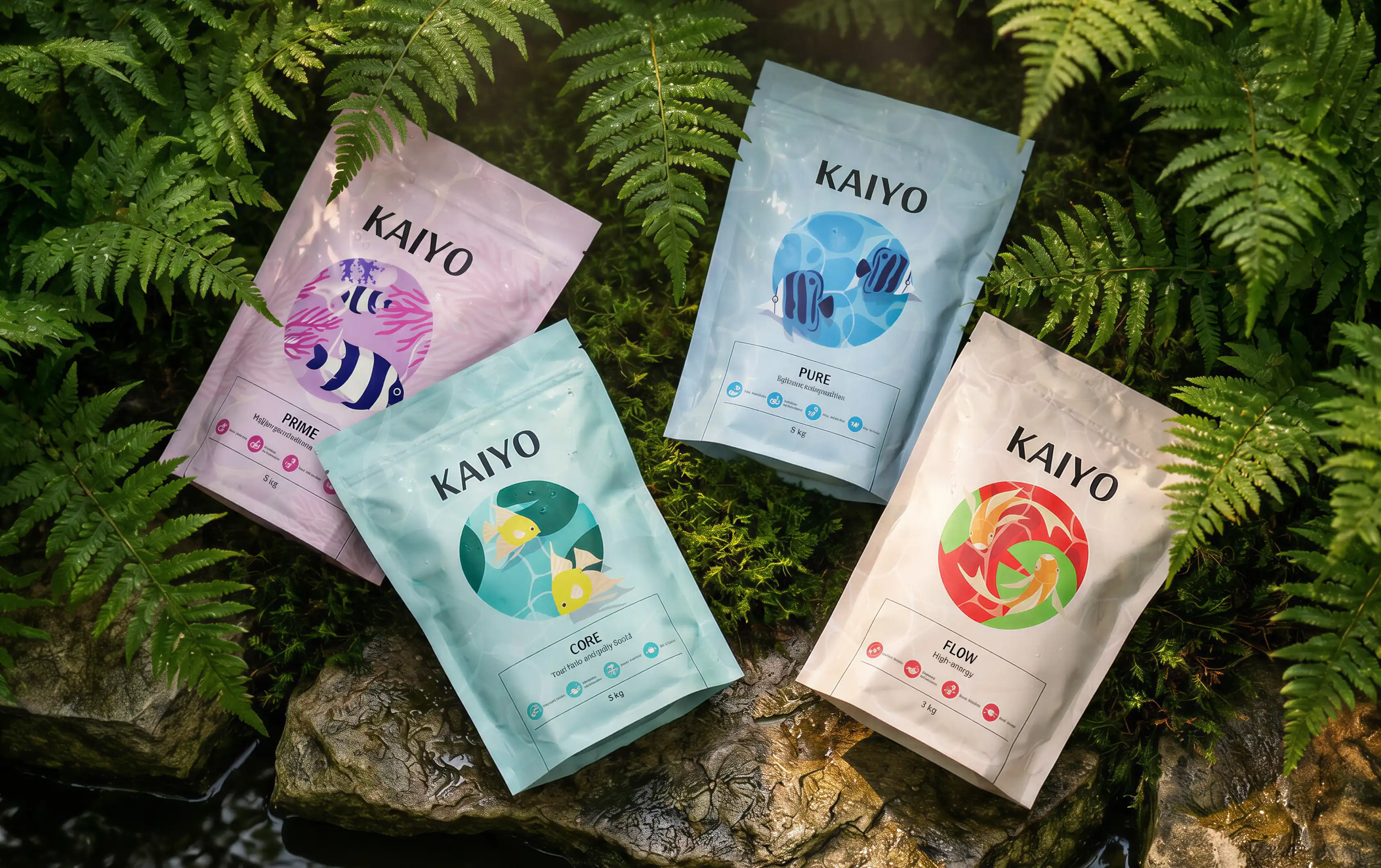 Four Kaiyo fish food bags labeled Prime, Core, Pure, and Flow placed on rocks surrounded by green ferns.