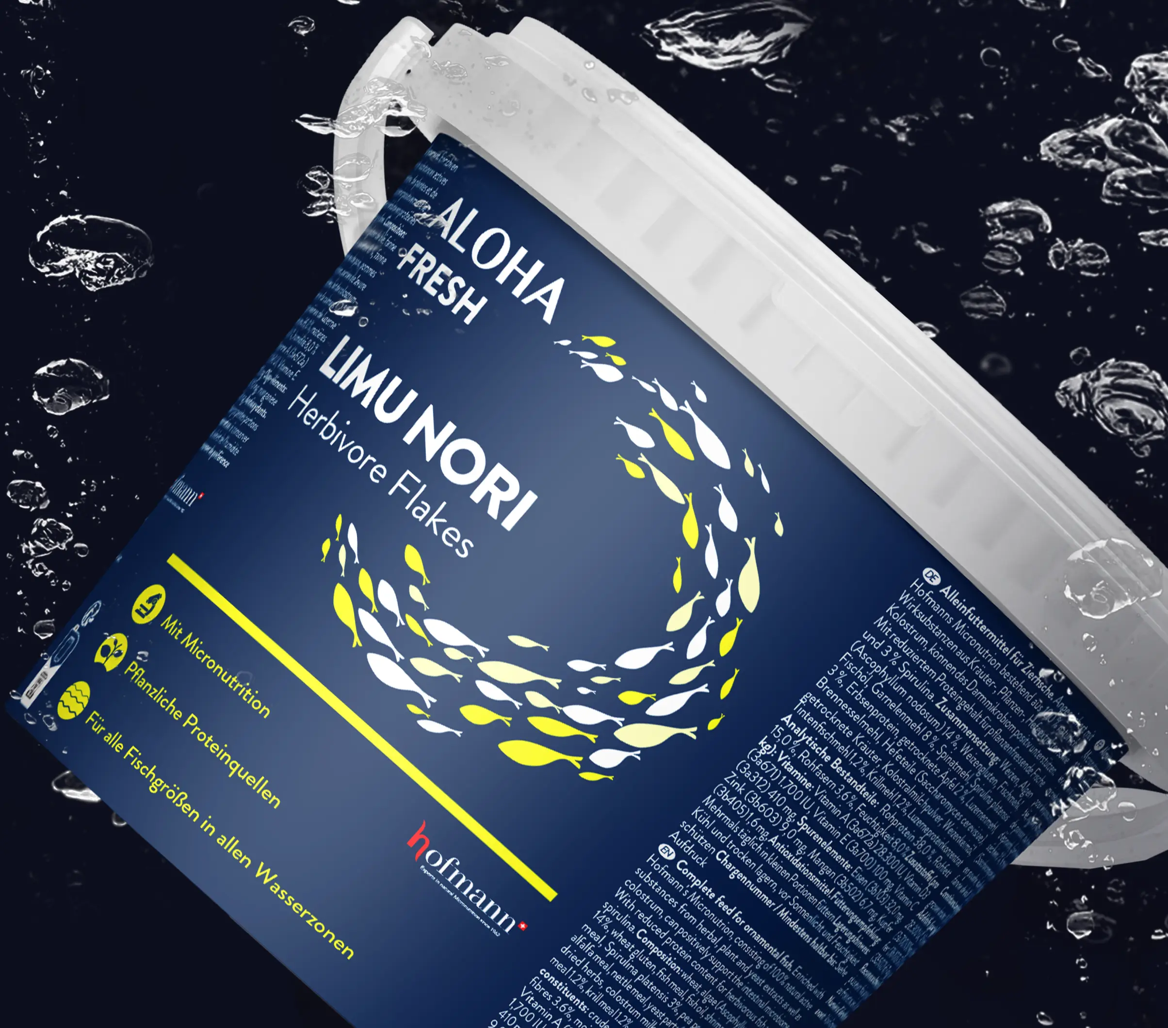 Blue and white container of Aloha Fresh Limu Nori herbivore flakes underwater with bubbles.