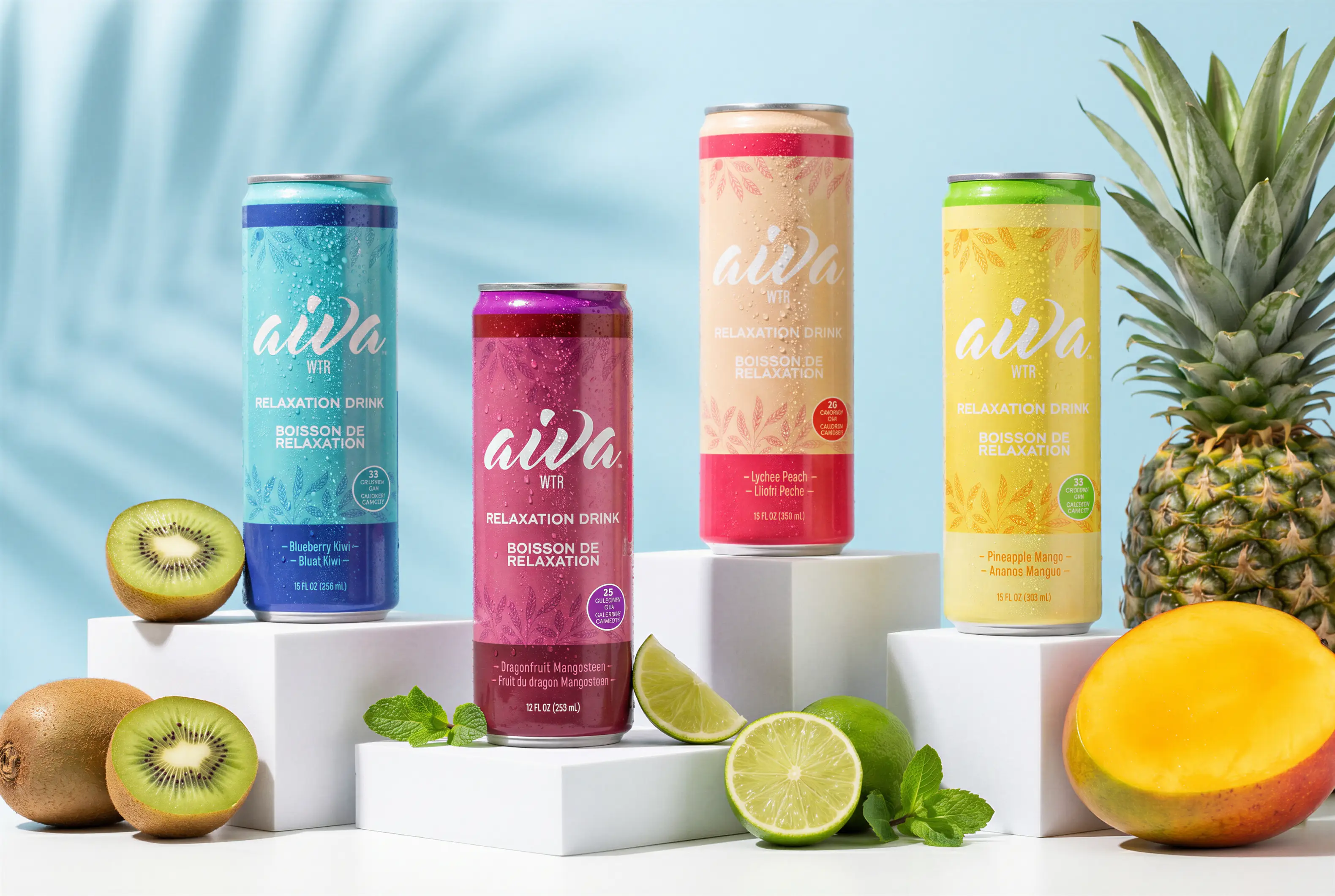 Four colorful Aiva WTR relaxation drink cans with sliced kiwi, lime, pineapple, and mango on white platforms.