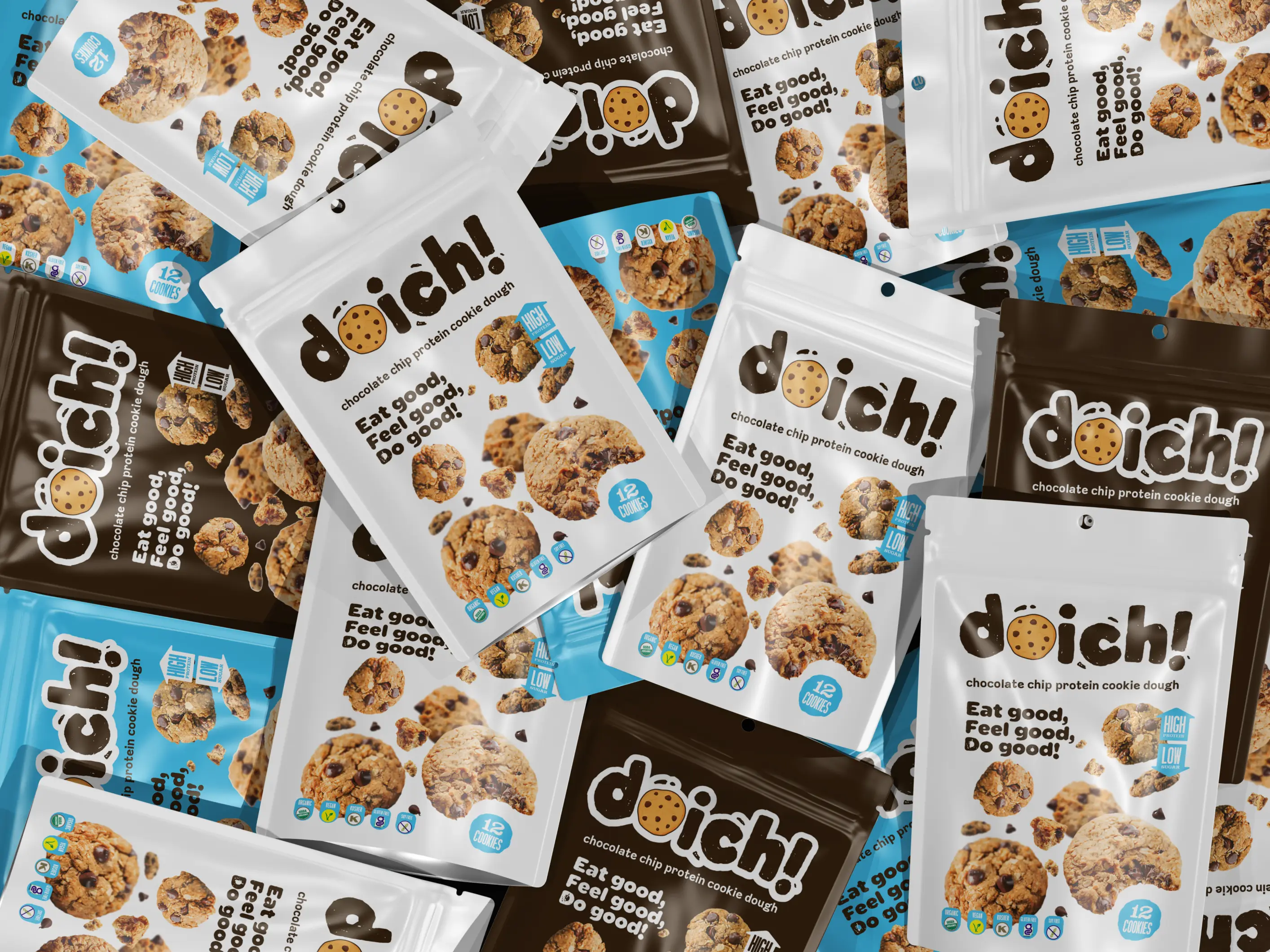 Assorted Doich! chocolate chip protein cookie dough packages in white, brown, and blue colors.