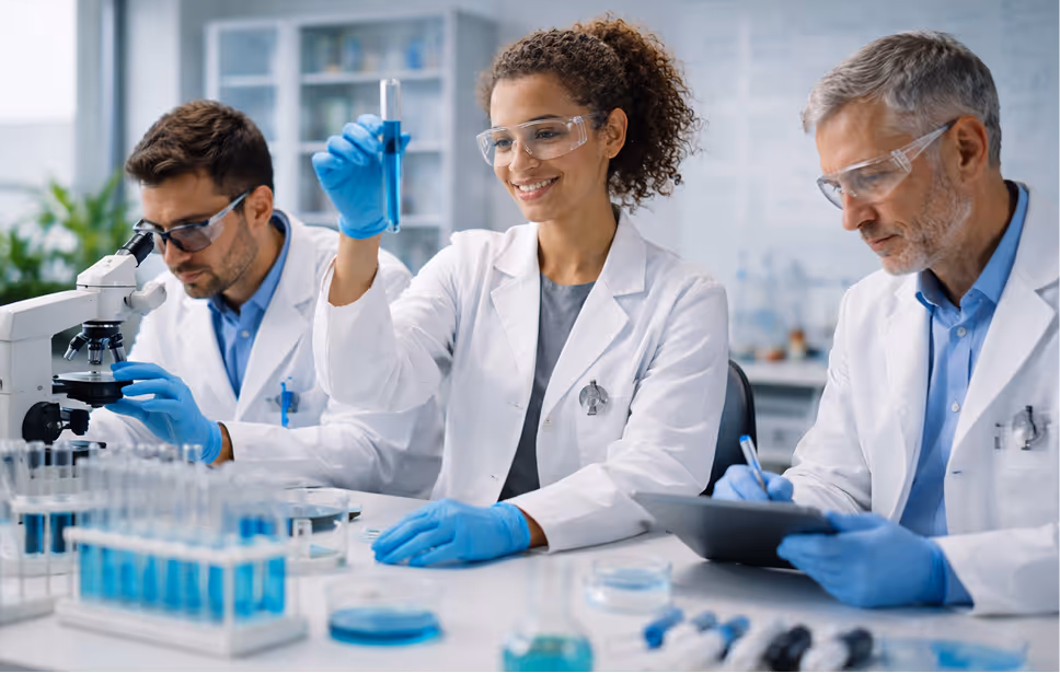 Três cientistas em laboratório usando jalecos, luvas e óculos de proteção; uma mulher no centro segura um tubo de ensaio com líquido azul, o homem à esquerda usa um microscópio, e o homem à direita observa e faz anotações em um tablet.
