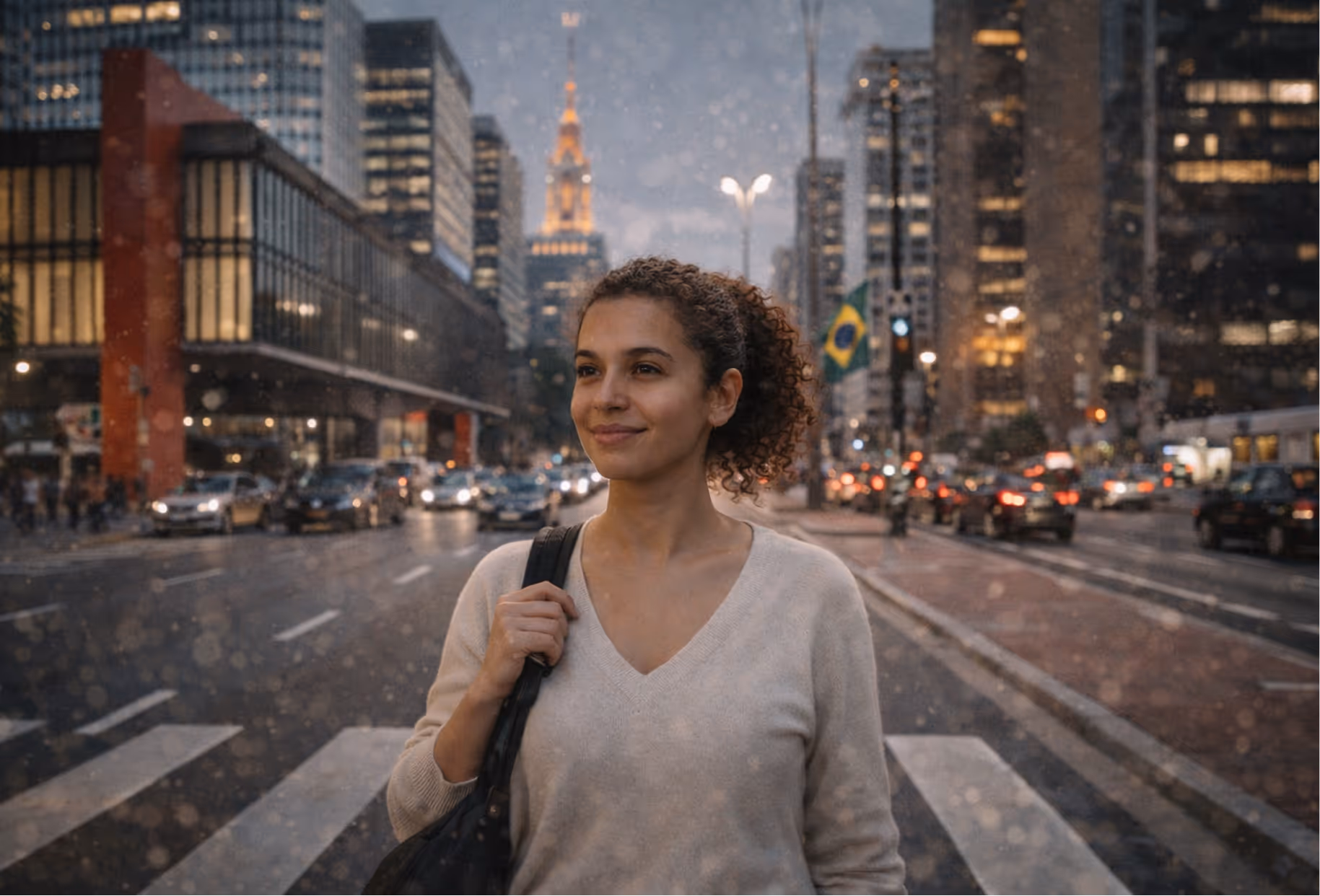 Mulher sorridente com cabelo cacheado preso, vestindo suéter bege e carregando bolsa preta, atravessando uma faixa de pedestres em uma avenida movimentada com prédios altos e o céu ao entardecer, com uma bandeira do Brasil ao fundo.