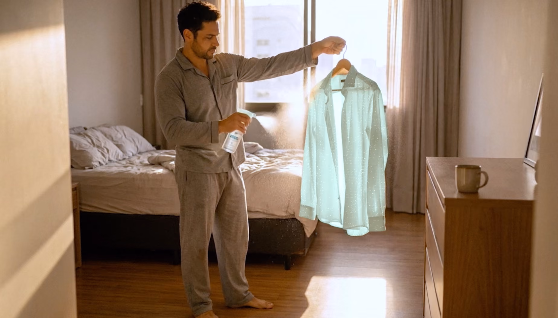 Homem vestindo pijama segura uma camisa branca em um cabide e aplica spray nela em um quarto iluminado pelo sol.