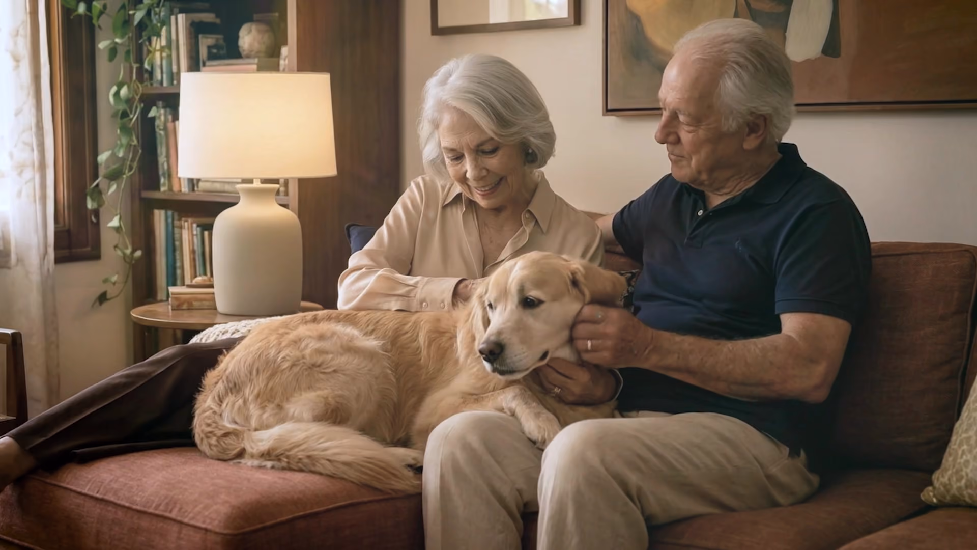 Casal idoso sentado em um sofá abraçando um cachorro golden retriever deitado entre eles em uma sala aconchegante com uma luminária e estante ao fundo.