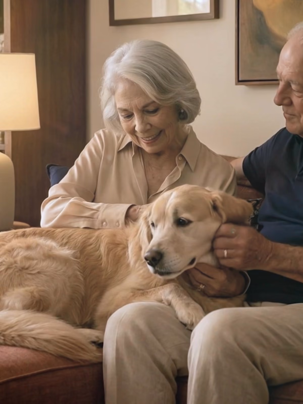 Casal idoso sentado no sofá em uma sala iluminada, acariciando e abraçando um cachorro Golden Retriever deitado no colo deles.