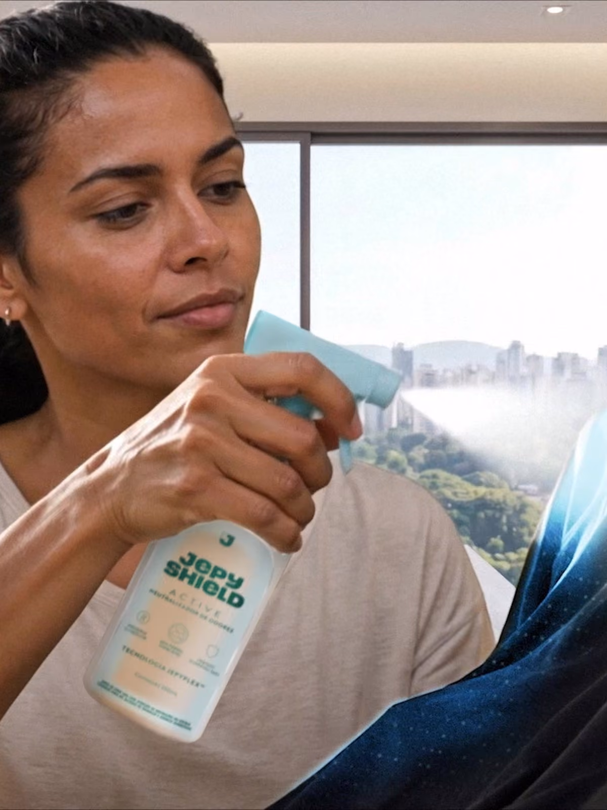 Mulher aplicando spray em tecido escuro enquanto segura uma garrafa de spray translúcida com rótulo azul claro, tendo uma janela com vista para árvores e prédios ao fundo.