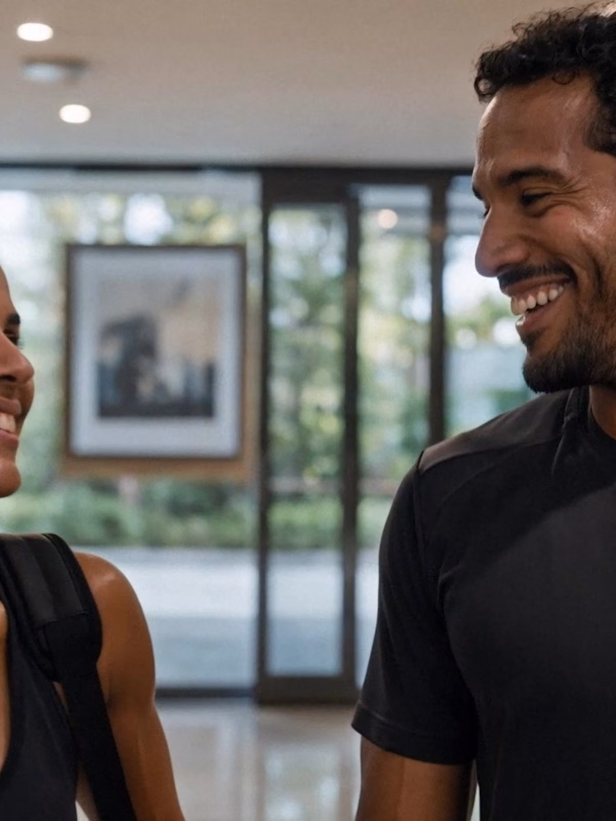 Homem e mulher sorrindo um para o outro em ambiente interno com parede de vidro ao fundo.