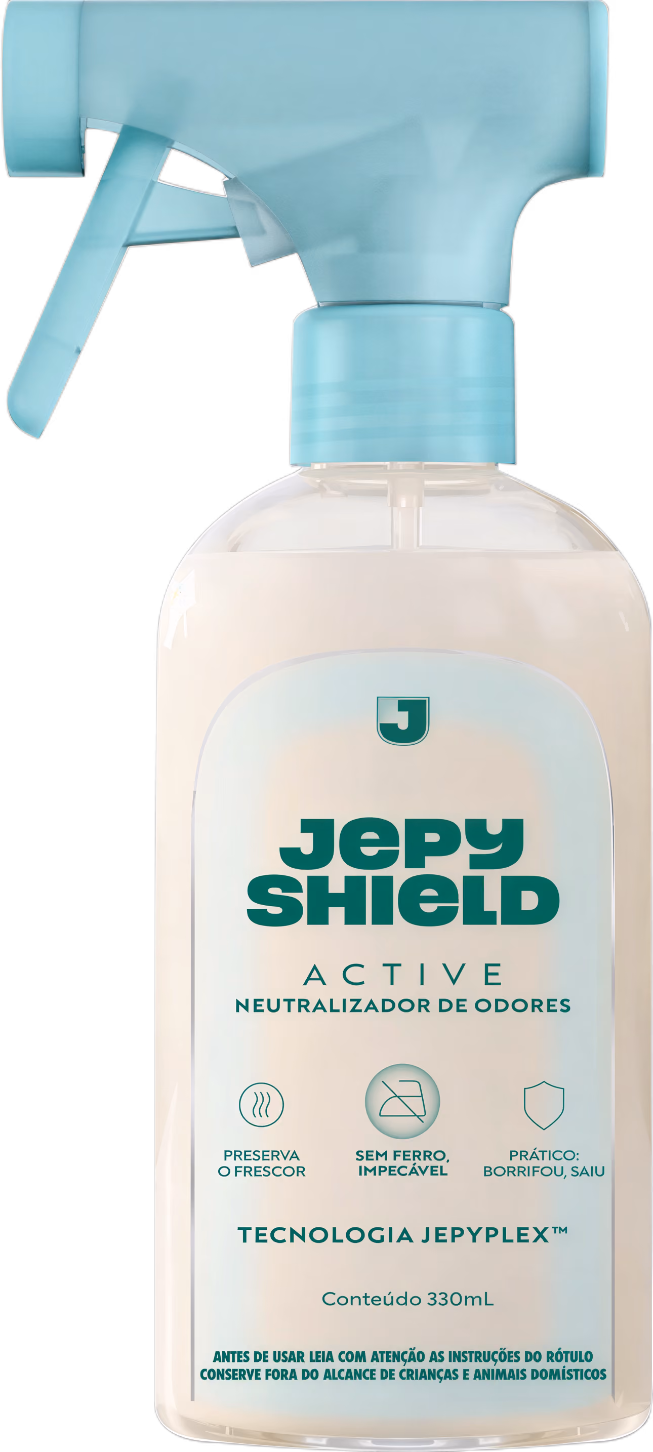 Frasco de spray branco com tampa azul claro, contendo neutralizador de odores Jepy Shield Active, com tecnologia Jepyplex, capacidade 330ml, indicado para preservar frescor, sem ferro, prático para borrifar e sair.