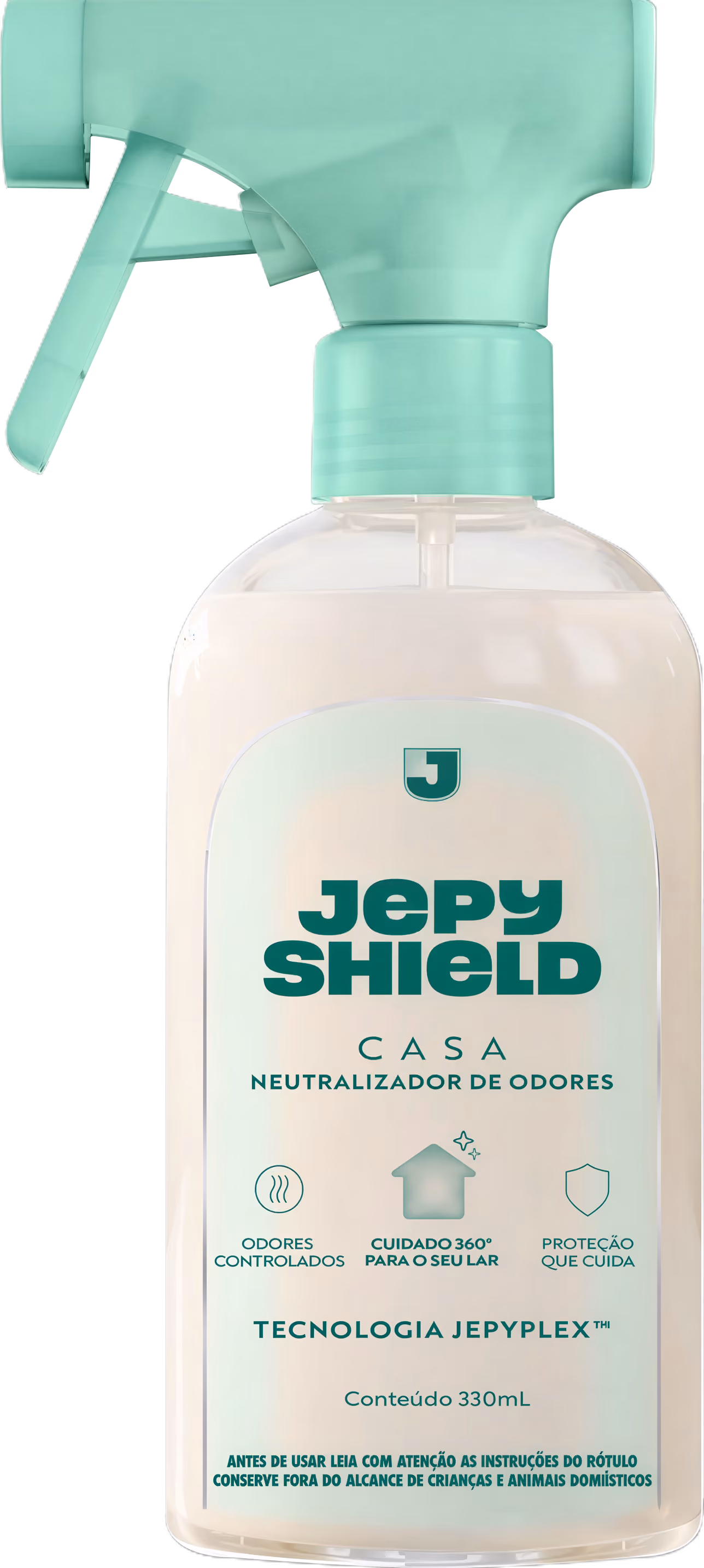 Frasco borrifador de plástico com tampa verde e rótulo que mostra o produto JePy Shield Casa, neutralizador de odores para uso doméstico, com tecnologia JePyPlex e conteúdo de 330 mL.