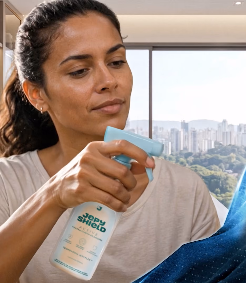 Mulher de pele morena e cabelo preso borrifando um produto de limpeza chamado Jepy Shield em uma superfície azul, com vista de prédios e árvores ao fundo.