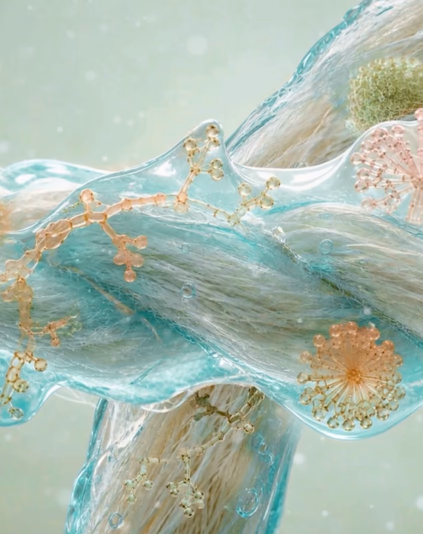 Imagem de fibras orgânicas entrelaçadas protegidas por uma camada translúcida azul clara com estruturas semelhantes a moléculas em tons de rosa e verde.