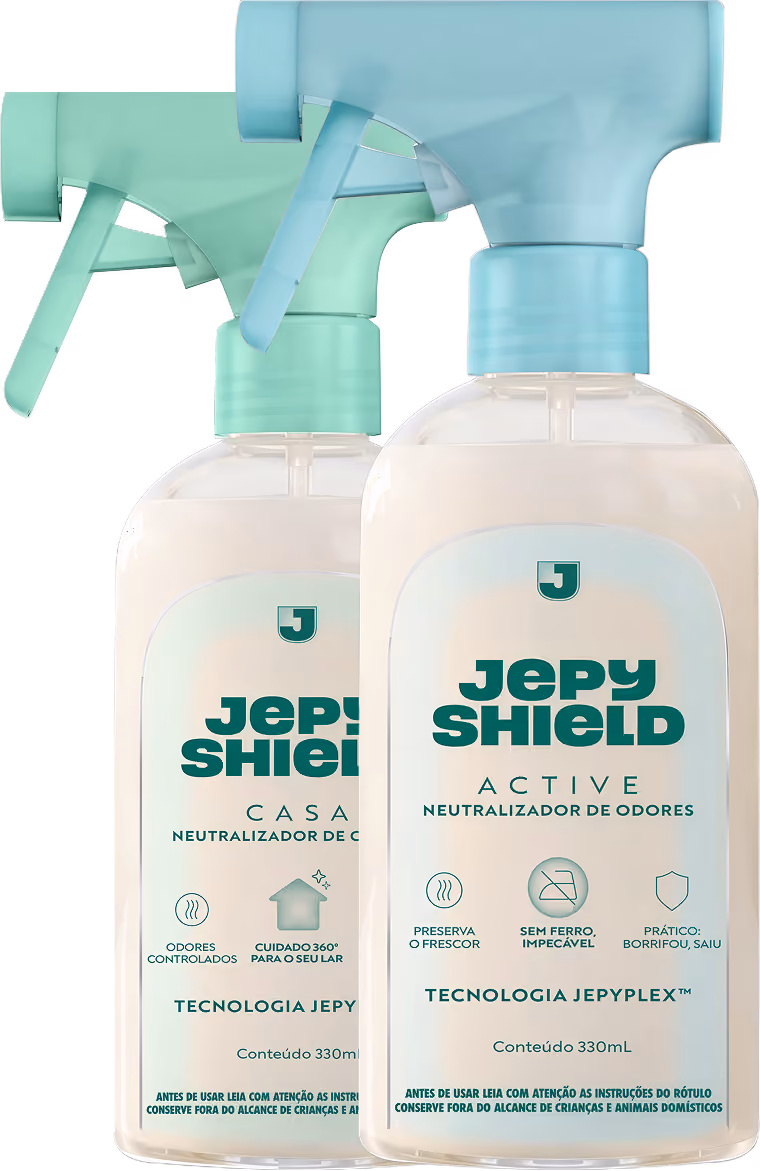 Duas garrafas de spray neutralizador de odores com bicos de pulverização em azul claro e verde, marcadas como Jepy Shield Casa e Jepy Shield Active, contendo 330mL, com tecnologias Jepy e Jepylex, indicadas para controlar odores, preservar frescor e facilitar o uso.