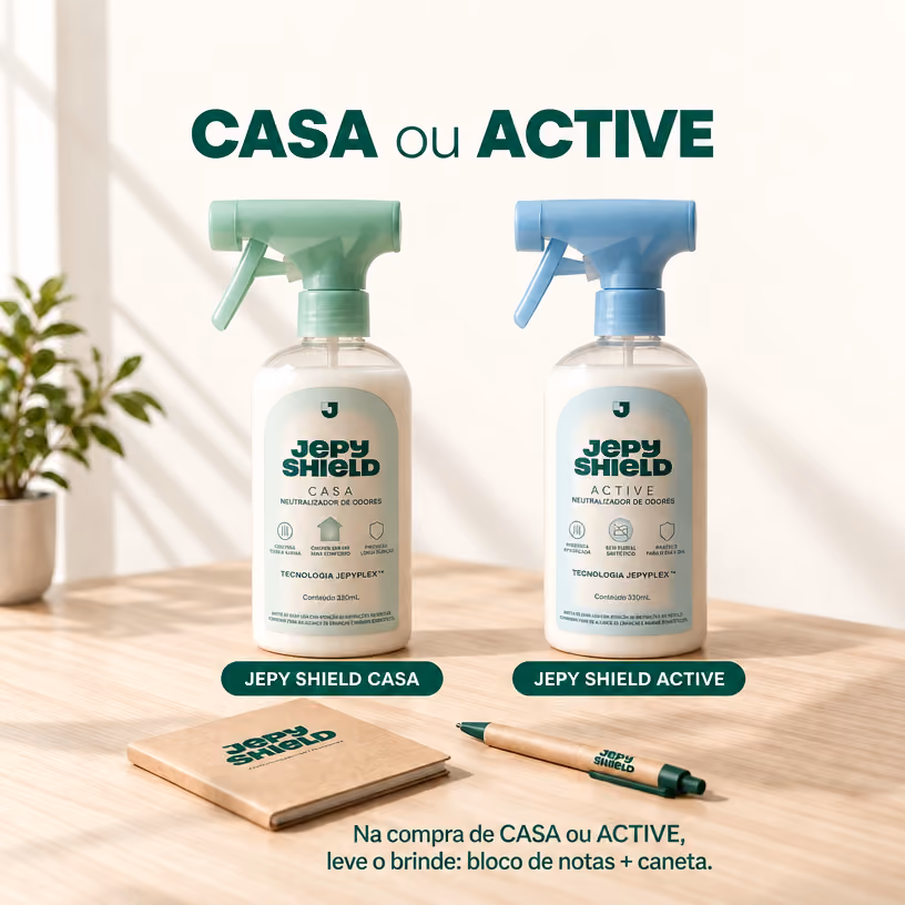 Dois frascos de spray Jepy Shield, um verde rotulado CASA e outro azul rotulado ACTIVE, sobre uma superfície de madeira com um bloco de notas e uma caneta ao lado; texto promocional oferece o brinde bloco de notas e caneta na compra de CASA ou ACTIVE.