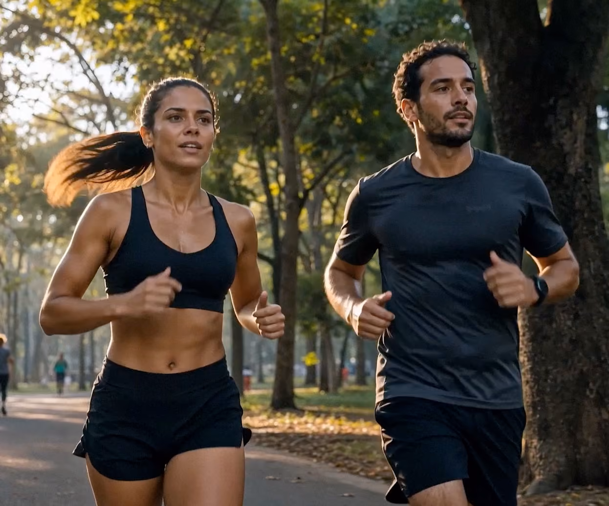 Um homem e uma mulher correndo juntos em um parque arborizado, ela veste top e shorts pretos, ele usa camiseta e shorts pretos.