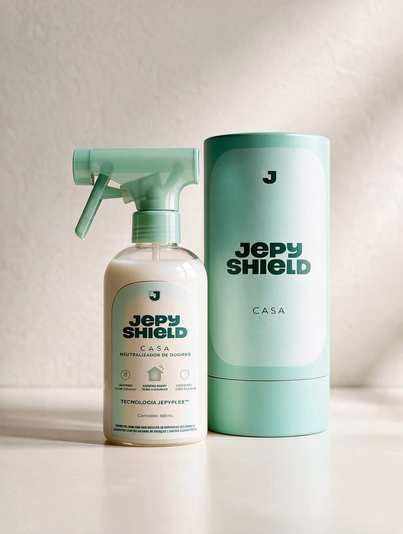 Produto Jepy Shield Casa, composto por um frasco spray e embalagem cilíndrica verde-claro, destinado a neutralizar odores em ambientes residenciais.
