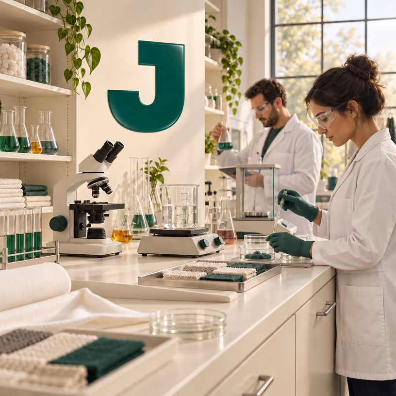 Dois cientistas em um laboratório realizando experimentos com líquidos coloridos em frascos e placas de Petri, com equipamentos como microscópio e balança numa bancada clara.
