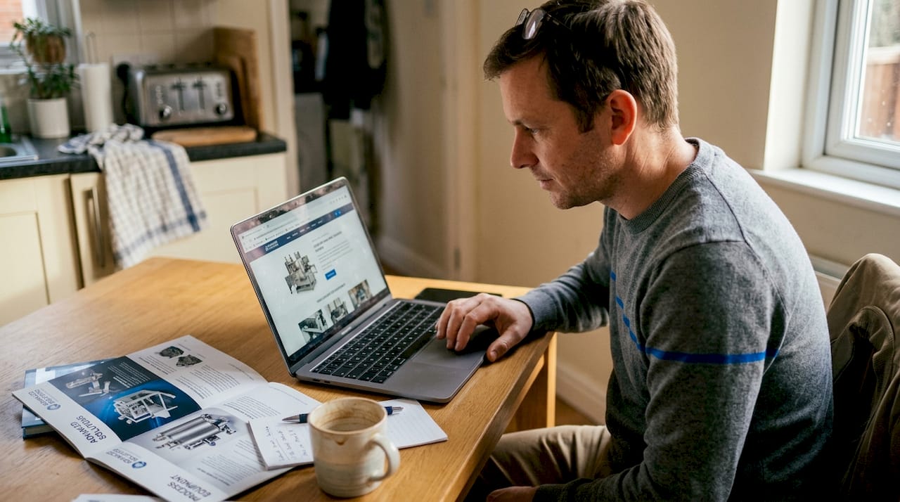 Buyer researching options independently at kitchen table