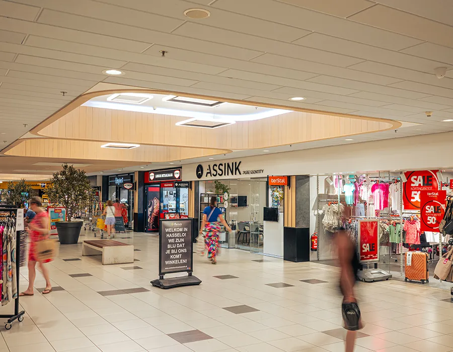 Winkelstraat in Winkelcentrum Hasselo met winkels Assink Pure Identity en terStal zichtbaar en bezoekers die voorbijlopen