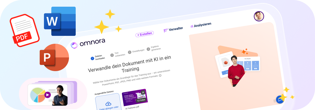 Benutzeroberfläche von Omnora zur Umwandlung von Dokumenten wie PowerPoint, PDF und Word in KI-gestütztes Training.