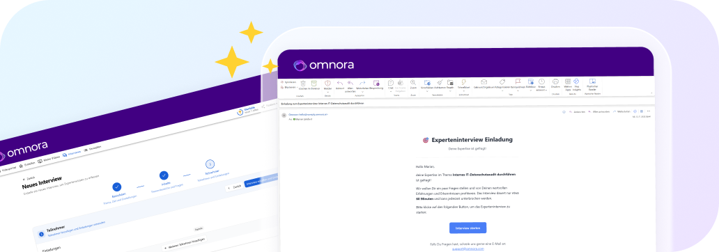 Zwei geöffnete Bildschirme, die die Benutzeroberfläche der Omnora-Plattform zeigen, mit einer Einladung zu einem Experteninterview zum Thema IT-Datenschutz.