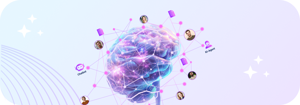 Digitale Illustration eines Gehirns mit vernetzten Benutzerfotos, Dokumenten und Symbolen für Chatbot und KI-Agent, die Zusammenarbeit und künstliche Intelligenz darstellen.