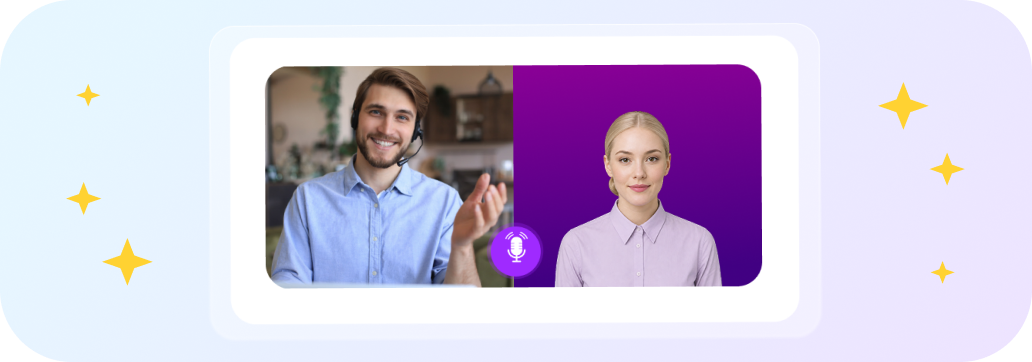 Zwei Personen während eines Videogesprächs, ein Mann mit Headset links und eine Frau rechts vor lila Hintergrund.