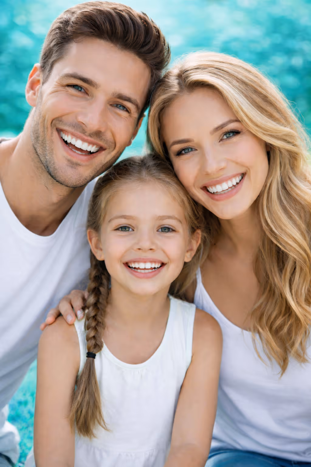 Family smiling with healthy teeth to illustrate fluoride-free nano-hydroxyapatite oral care
