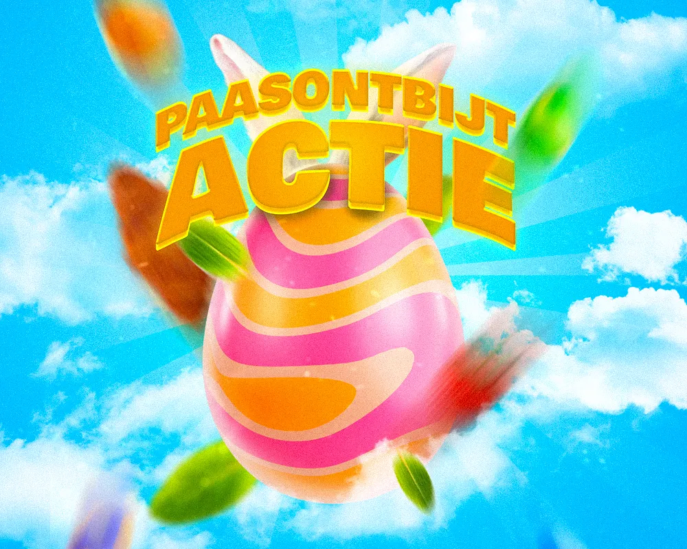 Promotiebanner voor de Paasontbijt Actie van Winkelcentrum Hasselo met een kleurrijk paasei, paashaas en vliegende paaseieren tegen een blauwe lucht